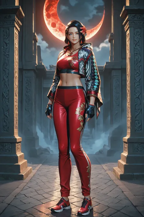 T8Azucena, 1girl, solo, black hair, short hair, blue eyes, hair ornament, eyesHD, high gradient eyes, detailed eyes, high definition eyes, jacket, red triangle earrings, black gloves, midriff, hair flower, fingerless gloves, necklace, a necklace with a mul...