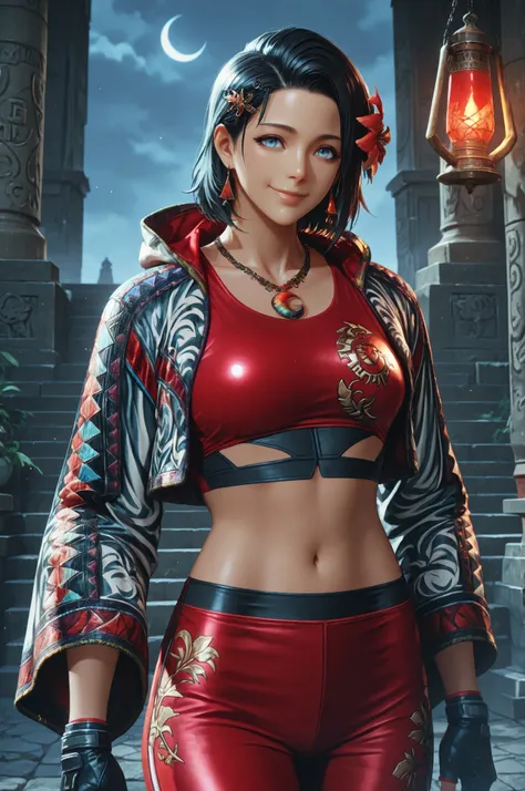 T8Azucena, 1girl, solo, black hair, short hair, blue eyes, hair ornament, eyesHD, high gradient eyes, detailed eyes, high definition eyes, jacket, red triangle earrings, black gloves, midriff, hair flower, fingerless gloves, necklace, a necklace with a mul...