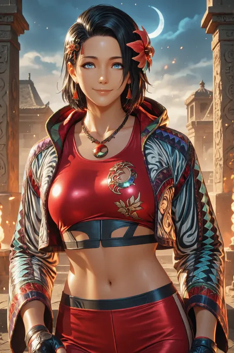 T8Azucena, 1girl, solo, black hair, short hair, blue eyes, hair ornament, eyesHD, high gradient eyes, detailed eyes, high definition eyes, jacket, red triangle earrings, black gloves, midriff, hair flower, fingerless gloves, necklace, a necklace with a mul...