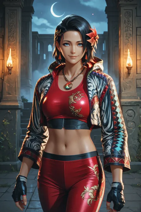 T8Azucena, 1girl, solo, black hair, short hair, blue eyes, hair ornament, eyesHD, high gradient eyes, detailed eyes, high definition eyes, jacket, red triangle earrings, black gloves, midriff, hair flower, fingerless gloves, necklace, a necklace with a mul...