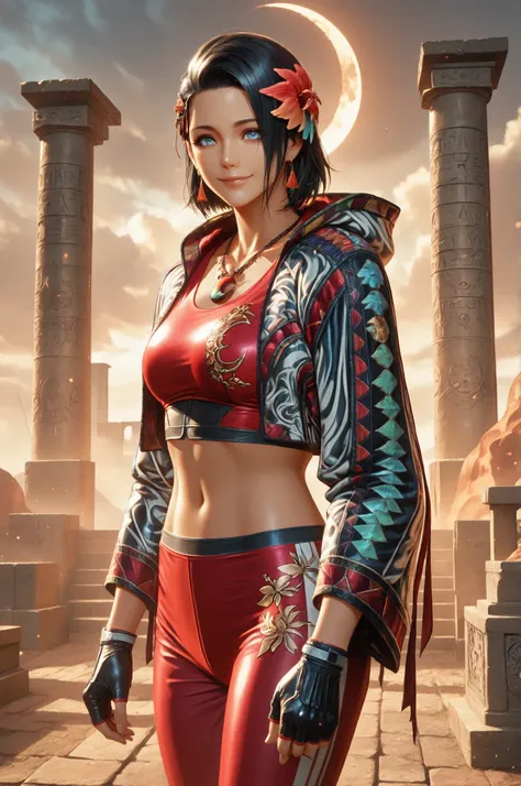 T8Azucena, 1girl, solo, black hair, short hair, blue eyes, hair ornament, eyesHD, high gradient eyes, detailed eyes, high definition eyes, jacket, red triangle earrings, black gloves, midriff, hair flower, fingerless gloves, necklace, a necklace with a mul...