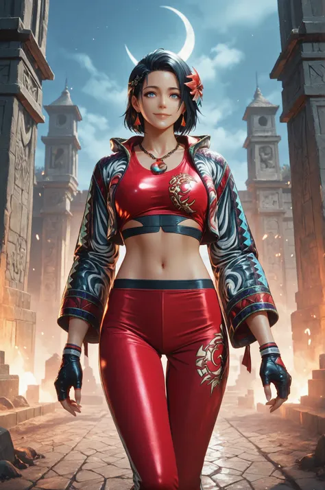 T8Azucena, 1girl, solo, black hair, short hair, blue eyes, hair ornament, eyesHD, high gradient eyes, detailed eyes, high definition eyes, jacket, red triangle earrings, black gloves, midriff, hair flower, fingerless gloves, necklace, a necklace with a mul...