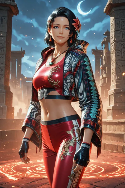 T8Azucena, 1girl, solo, black hair, short hair, blue eyes, hair ornament, eyesHD, high gradient eyes, detailed eyes, high definition eyes, jacket, red triangle earrings, black gloves, midriff, hair flower, fingerless gloves, necklace, a necklace with a mul...