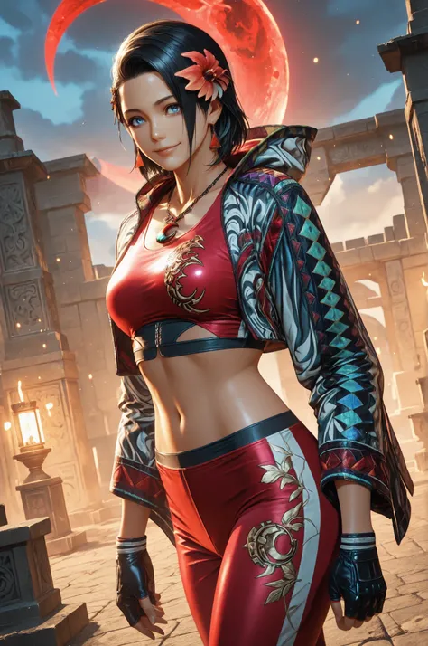 T8Azucena, 1girl, solo, black hair, short hair, blue eyes, hair ornament, eyesHD, high gradient eyes, detailed eyes, high definition eyes, jacket, red triangle earrings, black gloves, midriff, hair flower, fingerless gloves, necklace, a necklace with a mul...