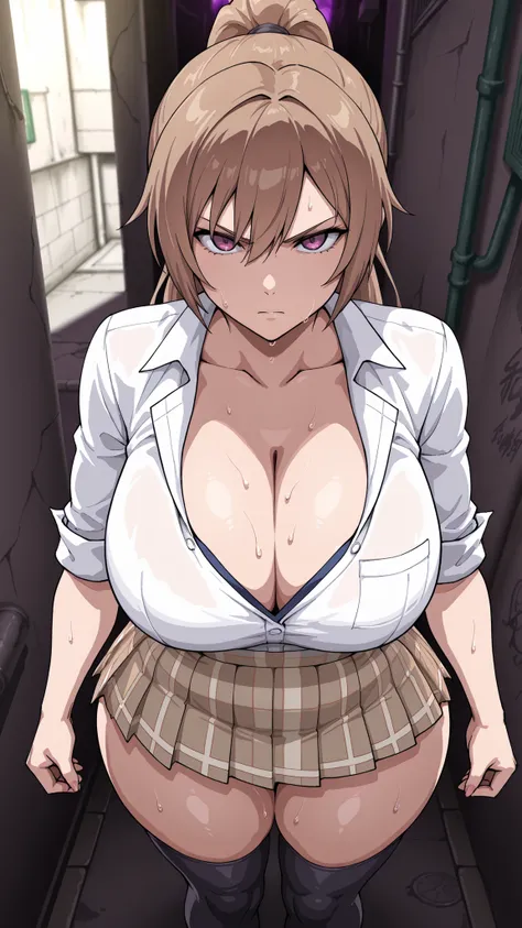 Darkness,dark pink back alley,from above,Fren E. Lustario(ponytail),high school girl,serious face,beige pattern skirt,black knee-high socks,White Shirt with Rolled Sleeves,Exposed Cleavage,thick thighs,sweat,