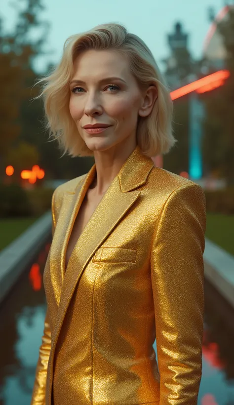Close up do Cate Blanchett wearing shiny gold suit in high quality in a park with an upper body of a house and a tree with a lake and cool neon lights highlighting the super realistic character in 8k