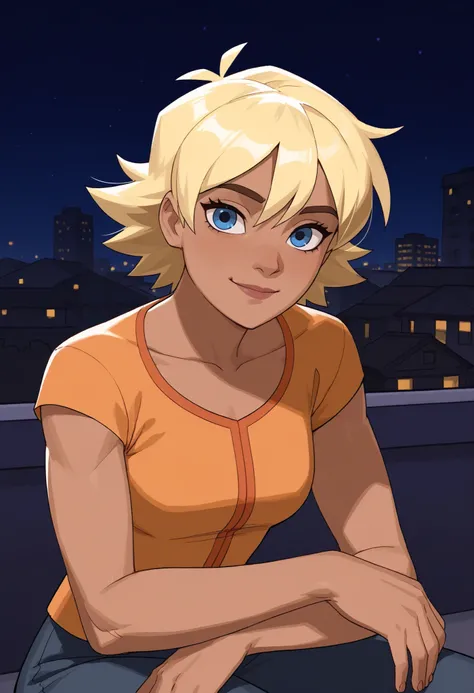woman, white skin, blue eyes, blonde hair, sitting, short hair, focus on the character, looking at the viewer, strong, night, top of a building, gentle smile, orange blouse