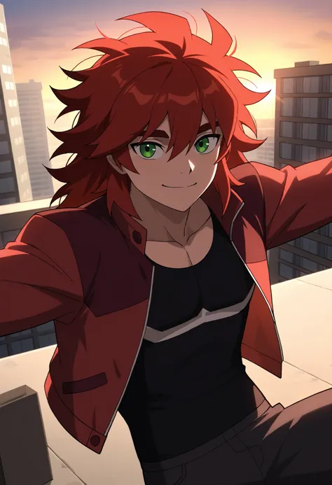 man, red hair, messy hair, green eyes, white skin, red jacket, black top, smile, looking at viewer, sunset lighting, open arms, strong physique, sitting, top of building