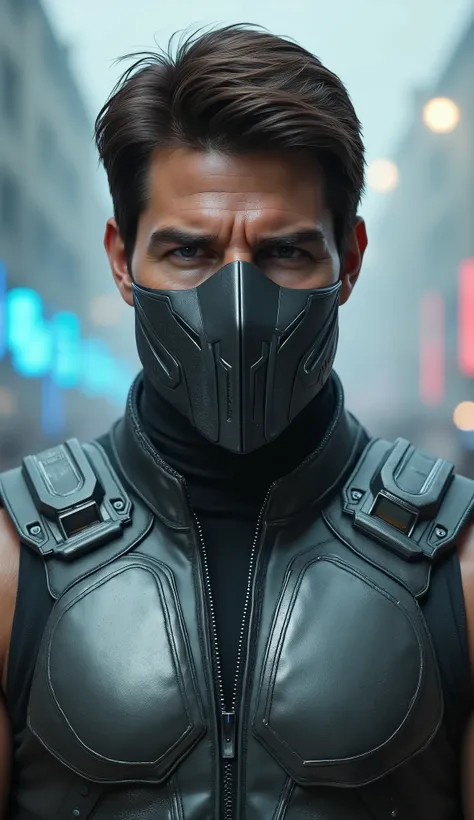 Ultra-realistic 8K cinematic portrait of Tom Cruise reimagined as Smoke from Mortal Kombat, upper body (waist up), focused on his sharp, determined expression. He wears a modernized gray tactical armor made of layered carbon-fiber plates and flexible mesh ...