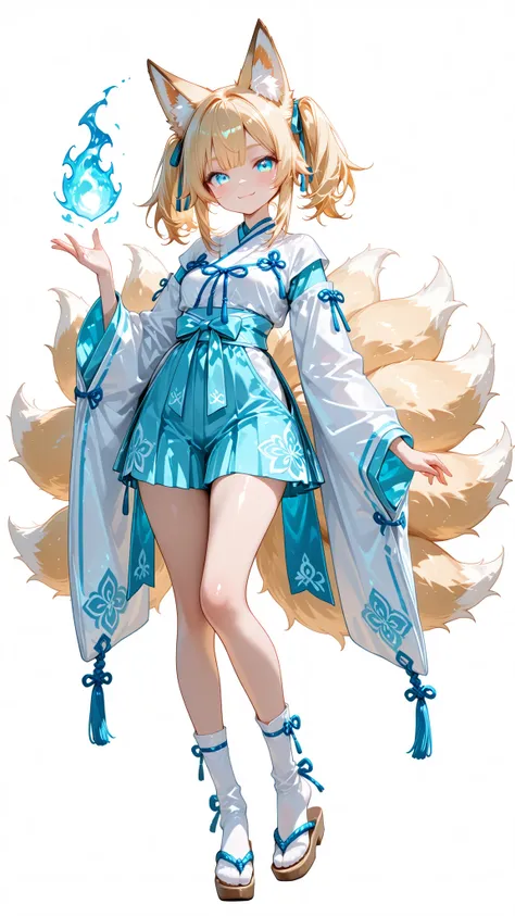 (Ultra-detail, 8K, cute, highest quality, very aesthetic, masterpiece, glossy skin, cute girls, high brightness, anime style),
a cheerful anime girl inspired by a nine-tailed fox spirit, long blonde twin-tails with sky-blue ribbons, soft fox ears with blue...