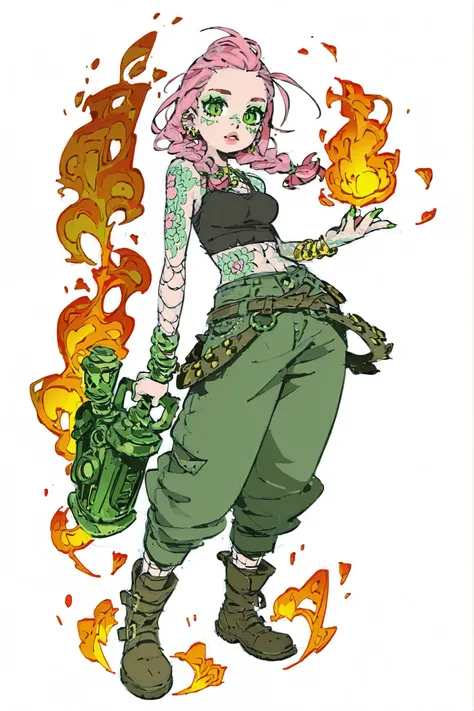1girl, tattoo, solo, pink_hair, jewelry, full_body, boots, braid, earrings, looking_at_viewer, pants, weapon, fishnets, green_eyes, fire, lips, arm_tattoo, multicolored_hair, breasts, parted_lips, twin_braids, shoulder_tattoo, green_nails, standing, facial...