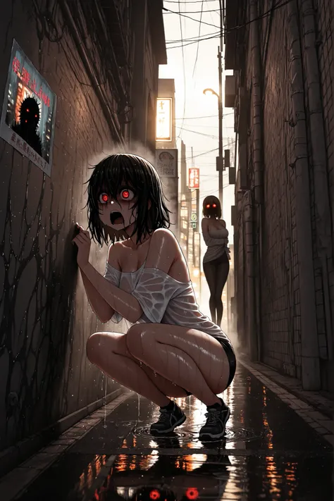 masterpiece, photo, detailed, scared girl, horror in the eyes, slightly open mouth, one thin shirt, Bare shoulders, squatting against a wall, Nighttime, The only light source is a street lamp, saw something in the dark, wet asphalt, reflection of light on ...