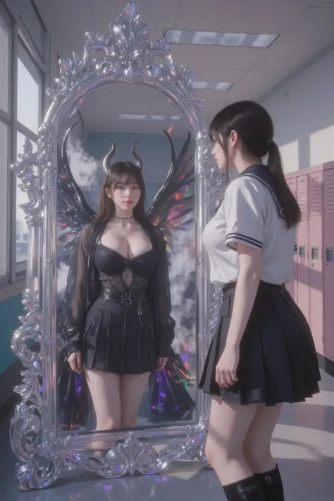 she is ultra enormous gigantic breasts. A cinematic, distant shot of a surreal scene within a modern school hallway, bathed in soft, diffused daylight filtering through large windows, casting a serene yet introspective glow across clean white walls and mut...