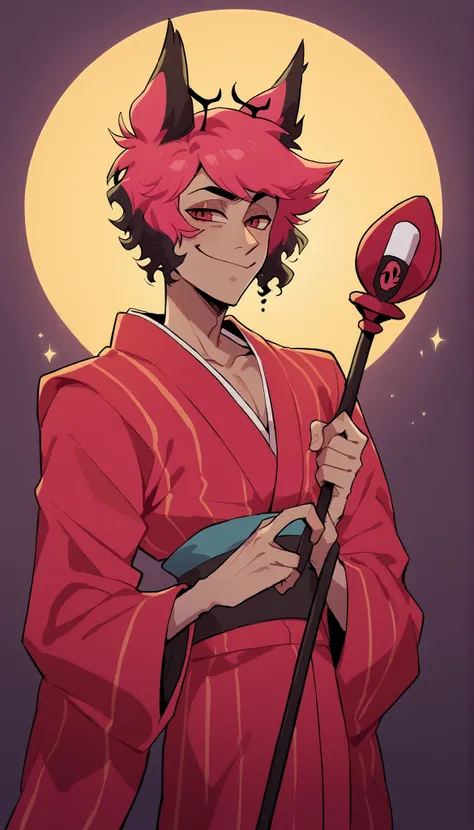 better quality, very detailed illustration , 1 boy, delgado, male body, thin waist , simple drawing, Artifyber style , pastel flat colors , Alastor, animal ears, curly hair, solo, smirking, wearing silky kimono, holding staff, dark lighting, menacing