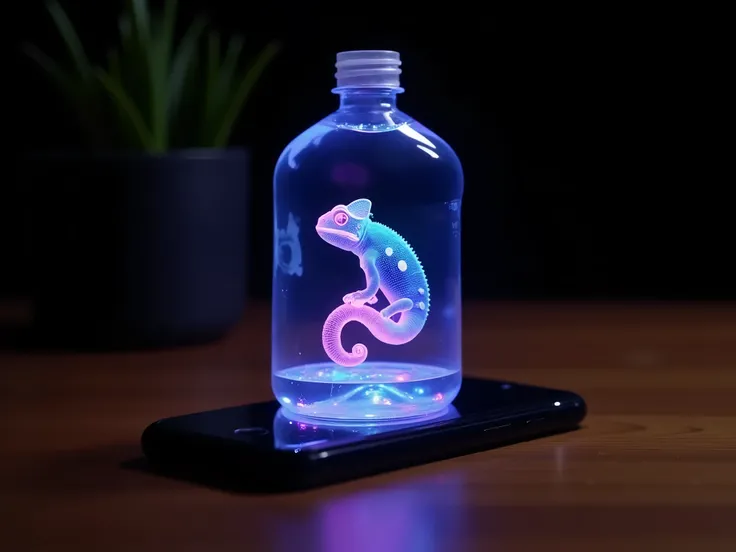 a transparent plastic bottle placed on top of a black smartphone, resting on a wooden surface. Inside the bottle, there is a colorful hologram of a bright chameleon in shades of blue, pink, and purple, appearing to float in the center. The hologram’s refle...