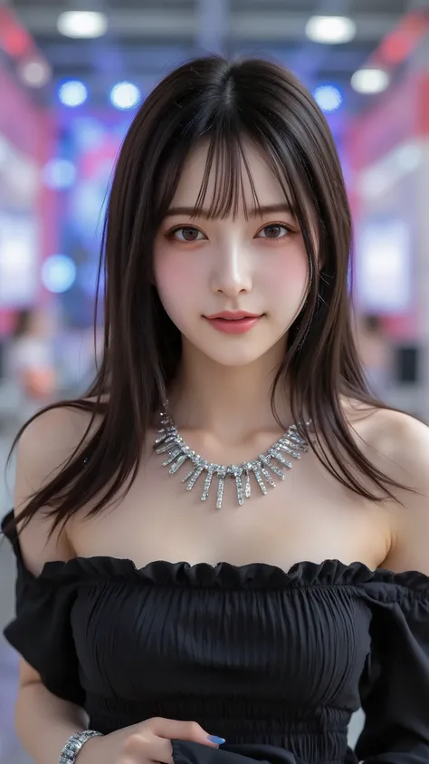 Korean woman wearing a black off-shoulder top and statement necklace, Photographed at a K-pop concert venue with colorful stage lights. I shot using Sony's 24-70mm GM lens。f/2.8, High ISO、I used a high shutter speed、to capture vibrant energy.