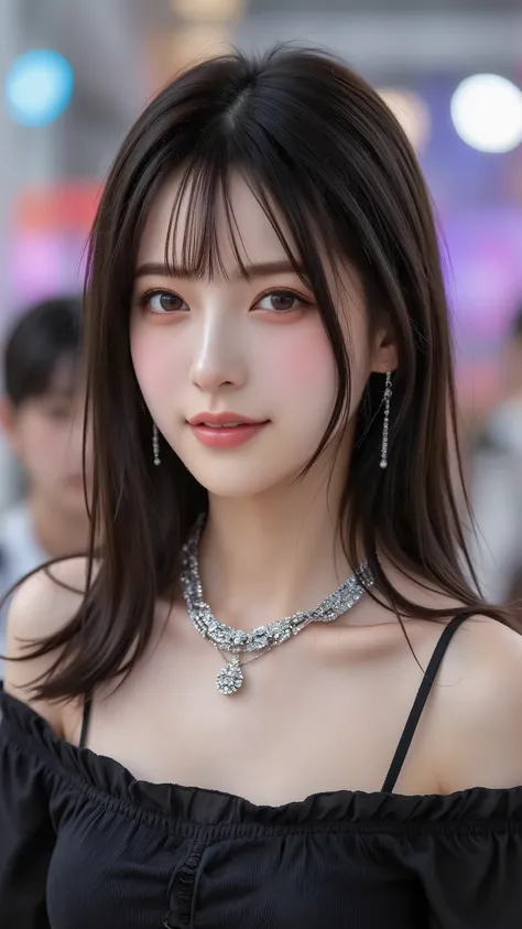 Korean woman wearing a black off-shoulder top and statement necklace, Photographed at a K-pop concert venue with colorful stage lights. I shot using Sony's 24-70mm GM lens。f/2.8, High ISO、I used a high shutter speed、to capture vibrant energy.