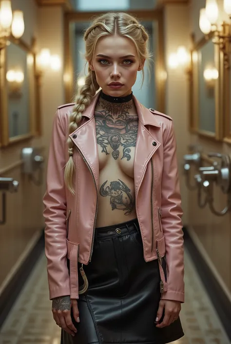 (photorealistic, shart focus) slender goth school girl, 18 y/o, standing in a clean luxurious restroom, very pale skin, bleached blonde hair, covered in intricate dark tattoos, looking contentedly at viewer, yellow eyes, parted lips, heavy black eyeliner, ...