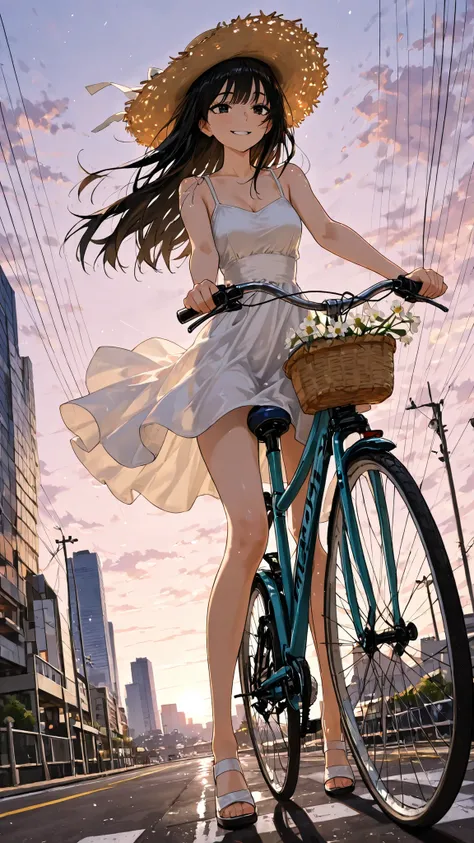 realism, Ultra-fine, 2,5D animation style、Girl riding an old bicycle、 Her long black hair flutters leaving a silhouette of a, gentle smile staring at the sky、Dark Eyes, Bright, Transparent muscle , A thin lace dress、old straw hat, Seaside bike path、holdi...