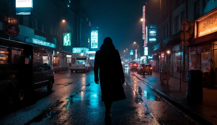 “Cinematic 1989 Berlin at night, neon reflections on wet streets, Cold War atmosphere, mysterious woman walking alone in a long coat, 8K realism, moody lighting, dark electronic tone.”