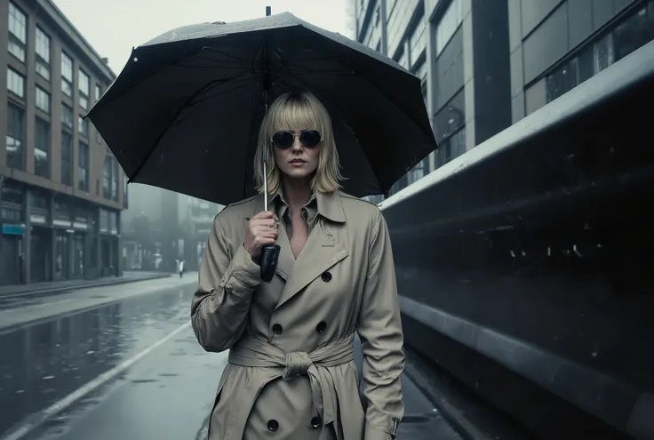 "Ultra-realistic cinematic scene set in rainy Berlin, keeping the same urban background with modern architecture, wet pavement, and soft reflections on the ground. The blonde woman, wearing the same beige trench coat and dark sunglasses, stands under her b...