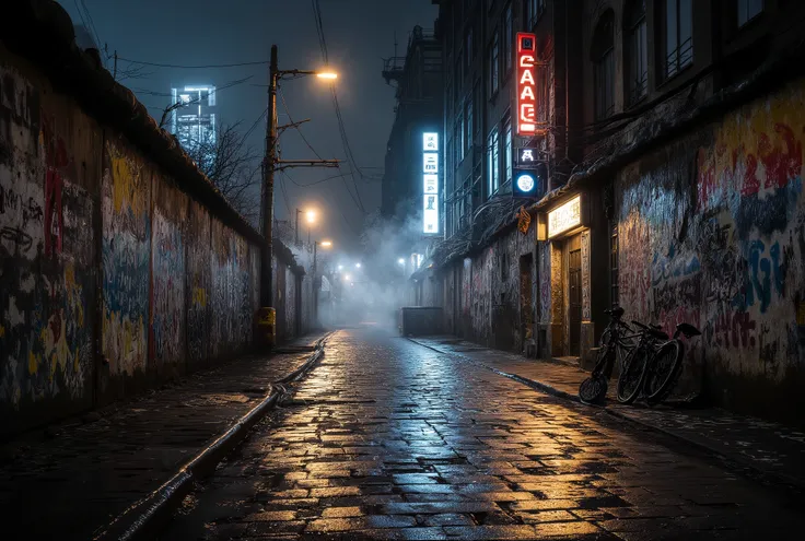 Berlin, 1989 — a city trembling between two worlds, divided by walls yet bound by secrets. The atmosphere is tense, cold, and cinematic. The scene unfolds in a dimly lit street near the Berlin Wall, its surface covered in layers of colorful graffiti and fa...