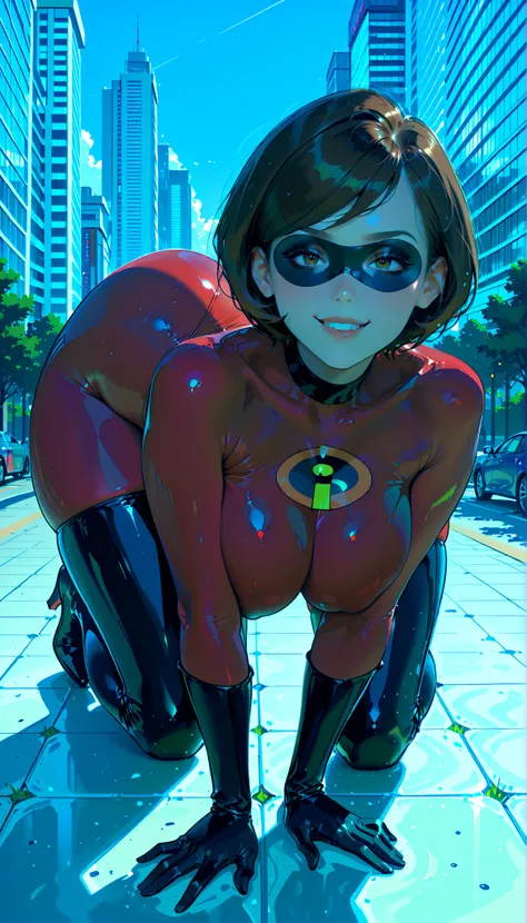 score_9, score_8_up, score_7_up, 1girl, helen parr,solo,brown hair, short hair, domino mask,red bodysuit, black gloves, black thigh boots, looking at viewer, smile,all fours, large breasts, sideboob, wide hips, thick thighs, Dynamic pose ,full body, outdoo...