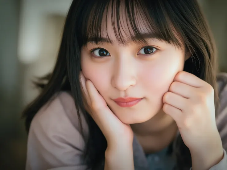 (Refined from an old photo, recreated in a modern, ultra high-quality photorealistic style, with a trendy Reiwa-era hairstyle: soft semi-long hair with natural waves and airy see-through bangs),
Ultra photorealistic close-up portrait of a beautiful Japan...
