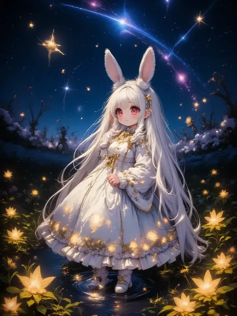 spreading a translucent halo-like texture on the background，The girl turned to the side、of luminous dog tail grass {x} silhouettes are formed by groups of golden particles between waves of grass，the tips of her hair and the ends of her clothes are slightly...