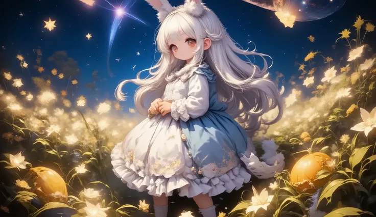 spreading a translucent halo-like texture on the background，The girl turned to the side、of luminous dog tail grass {x} silhouettes are formed by groups of golden particles between waves of grass，the tips of her hair and the ends of her clothes are slightly...