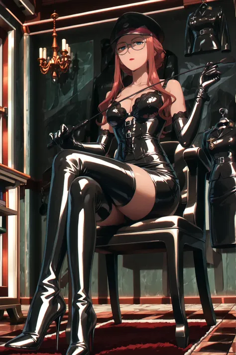 (((sitting cross-legged)))、He holds a riding crop in his right hand:1.4、holding riding crop:1.4、Queen、((( 1 woman)))、(((solo:1.8)))、(((Black Latex Elbow Gloves:1.4)))、(((black latex corset dress:1.4)))、(((corset dress is adorned with beautiful lace)))、(((C...