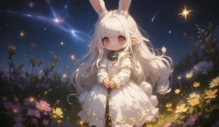 spreading a translucent halo-like teXture on the background，girl facing the side、glowing dog tail grass {X} clusters of golden particles form silhouettes between waves of grass illuminating the stars，The tips of her hair and the edges of her clothes are so...