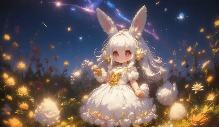 spreading a translucent halo-like teXture on the background，girl facing the side、glowing dog tail grass {X} clusters of golden particles form silhouettes between waves of grass illuminating the stars，The tips of her hair and the edges of her clothes are so...