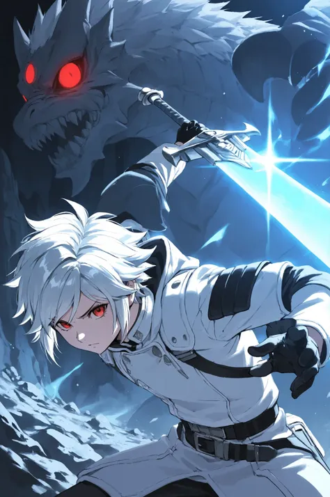 bell cranel, white hair, short hair, red eyes, 1boy, fighting_stance, detailed_eye_model、White combat uniform、holding a large blue glowing sword in front of the body, giant monster、only the eyes glow red、background is an eerie cave、dungeon、high image qual...