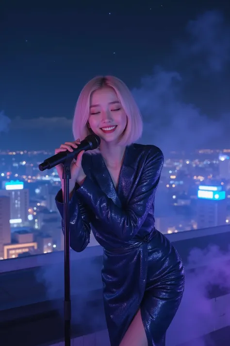 8K resolution scene of a 16-17-year-old Japanese girl with a blonde bob haircut, brown almond eyes, and a bright, playful, mischievous smile, embodying a rising K-pop star with realistic anatomy, natural body proportions, and symmetrical features, dressed ...