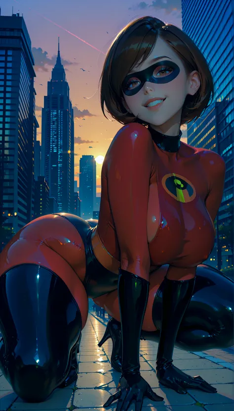 score_9, score_8_up, score_7_up, 1girl, helen parr,solo,brown hair, short hair, domino mask,red bodysuit, black gloves, black thigh boots, looking at viewer, smile,all fours, large breasts, sideboob, wide hips, thick thighs, squatting,open legs, Dynamic po...
