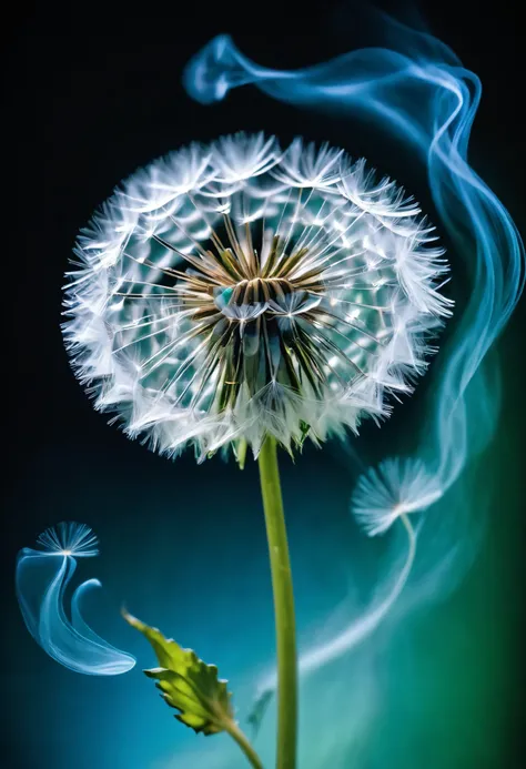 long exposure photo of a{thick blue-green fog sprayed from a perfume bottle(accurate prompt:1.8)sprayed a blue-green fog(blue to green gradation:0.7), sprayed to blue dandelion petal(dandelion:1.2)}in motion, blue vapor sprayed, vertical angle shot, blurre...
