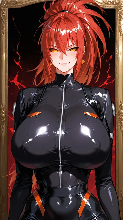 solo, LNHDRNKOF, red hair, big hair, long hair, ponytail, (Eyes twisted by dark corruption, where pupils once were, now only a sickly, solid yellow retina and sclera), indoor, smirk, indoor, evil, corruption, mature woman, Tight waist、Small waist、shiny Ski...