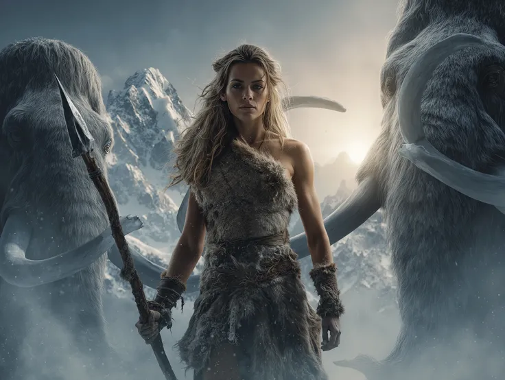 A powerful cinematic scene of a prehistoric woman warrior standing proudly before a vast range of snow-covered mountains.
She wears a short, rugged dress made from the fur and leather of a slain beast, showing the texture of animal hide and primitive stitc...