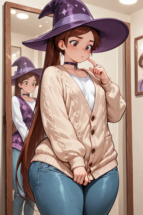 Princess Marco. brown eyes, very long hair, brown hair, ponytail. very small breasts. huge hips. slim body. choker. femboy, crossdressing,| Cute anime girl. Her face is rounded. The front hair is cut diagonally above the eyes. Hair color is black. She wear...
