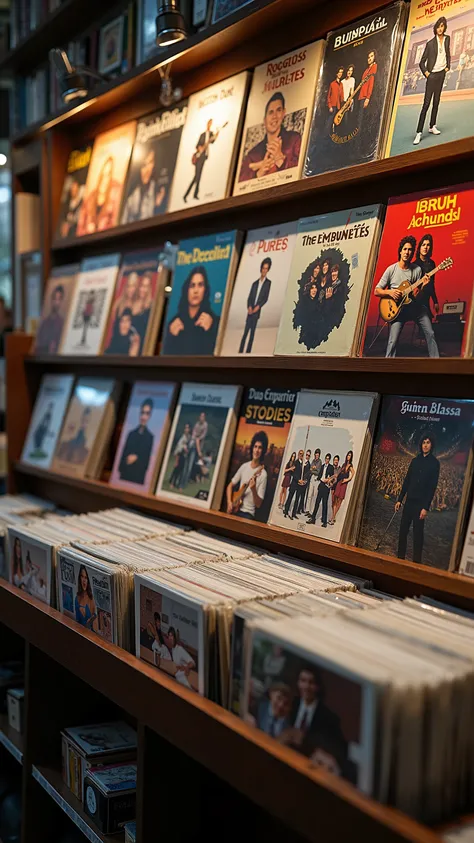 high-definition images、Record shop where various albums of old rock bands from the、Wall to wall１９７０era are lined up, and there is also a record that people are watching in the showcase below、正面にイーグルス　ホテルカリフォルニアのアルバムジャケットがある
