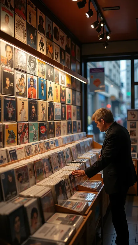 high-definition images、Record shop where various albums of old rock bands from the、Wall to wall１９７０era are lined up, and there is also a record that people are watching in the showcase below、正面にイーグルス　ホテルカリフォルニアのアルバムジャケットがある