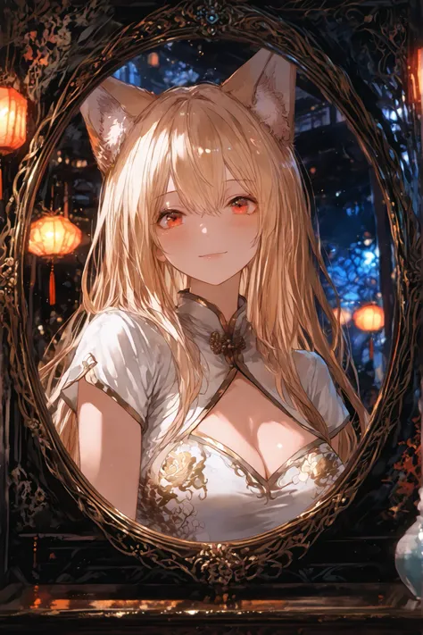 anime style, in a large decorative mirror、Closeup of a cute fox girl, The mirror frame almost fills the entire image frame, focuses only on strictly limited reflections inside the mirror rim, Some of the reflections don't extend outside the mirror frame, f...