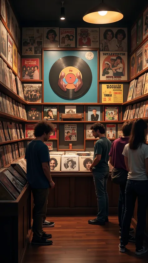 high-definition images、Record shop where various albums of old rock bands from the、Wall to wall１９７０era are lined up, and there is also a record that people are watching in the showcase below、