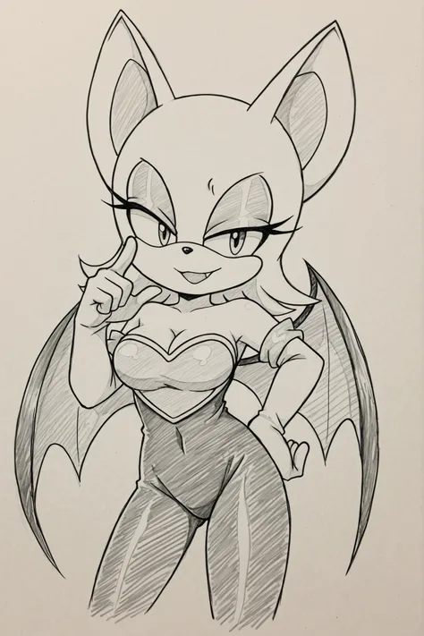 Rouge the bat, cleavage, bbmbbf style, looking at viewer, smile, one hand on hip, posing