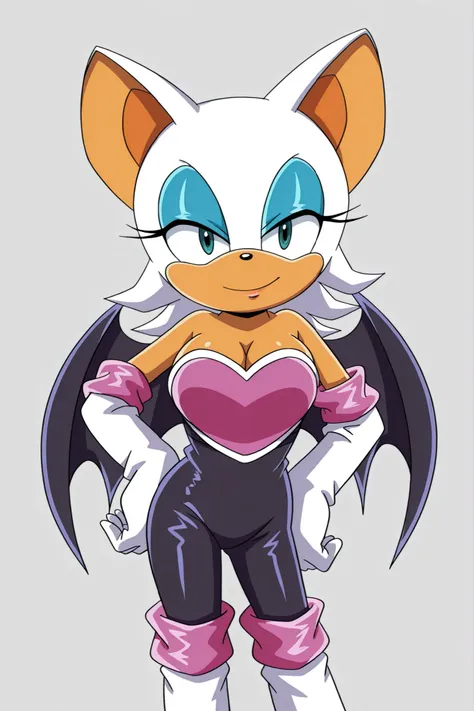 Rouge the bat, cleavage, bbmbbf style, looking at viewer, smile, one hand on hip, posing