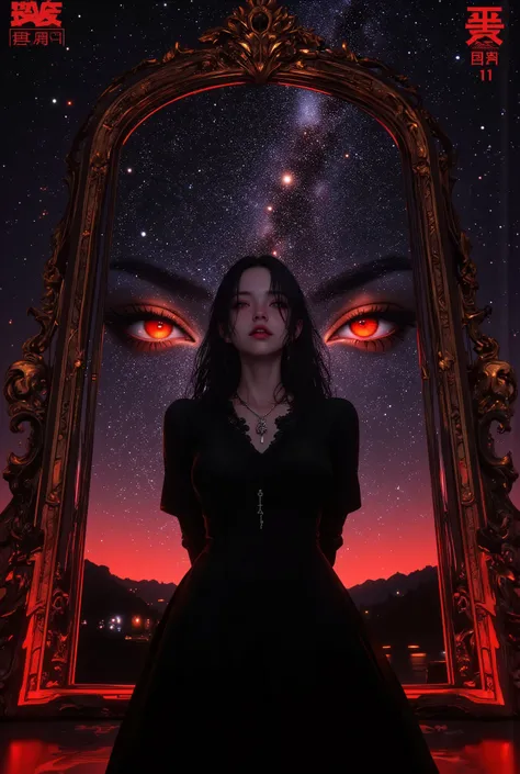 realistic, (1girl:1.5), night time, masterpiece, (full body view:1:7), front view, black dress, hands behind the back, silent atmosphere, (giant mirror on milky way backgroud:1.7), strict expression, perfect face, detailed face, long black hairs,detailed ...