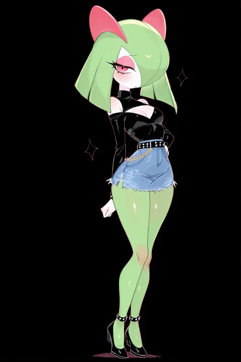 usxx, masterpiece, best quality, amazing quality, highres, absurdres, newest, very aesthetic, hyper-detailed, anime coloring, kirlia Girl \(Pokemon\), no pokemon, small breasts, Cute eyes, Nice body, perfect eyes, seductive look, blush, Black turtleneck sw...