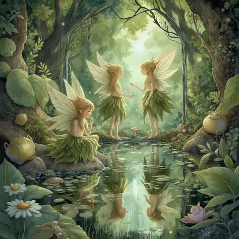 fairy tales,fairyforestlora,a digital illustration of,in the style of adilson-farias,Fairies in the Kingdom of Mirrors、a mysterious world、the other side of the mirror、fantastic views、Fairy Adventures、blond hair、pointed ears、Pale skin、Translucent feathers、L...