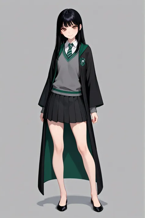 best quality, masterpiece, 4k resolution, 1girl, solo, youthful, beautiful, full body, long straight hair, pitch black hair, brown eyes, sharp eyes, looking at viewer, elegant posture, bare legs, smooth body, clean skin, hogwarts uniform, slytherin, black...